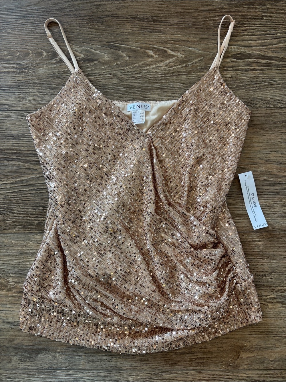 VENUS Rose Gold Sequin Cami with Draped Front Women's Size Medium NWT